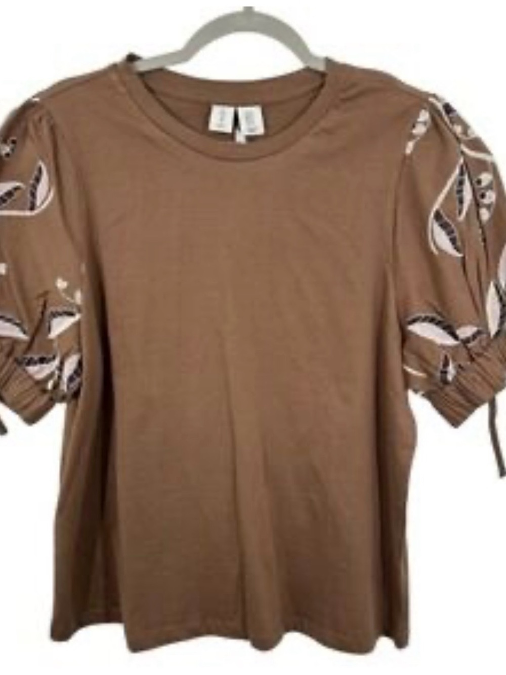 Joie Brown Short Sleeve Tee with Embroidered Leaf Sleeves